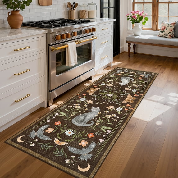 Garvee 2'x6' Boho Runner Rug Cat Floral Pattern Carpet, Vintage Washable Rug Non-Slip Indoor Accent Carpet for Hallway Bedroom Kitchen, Brown