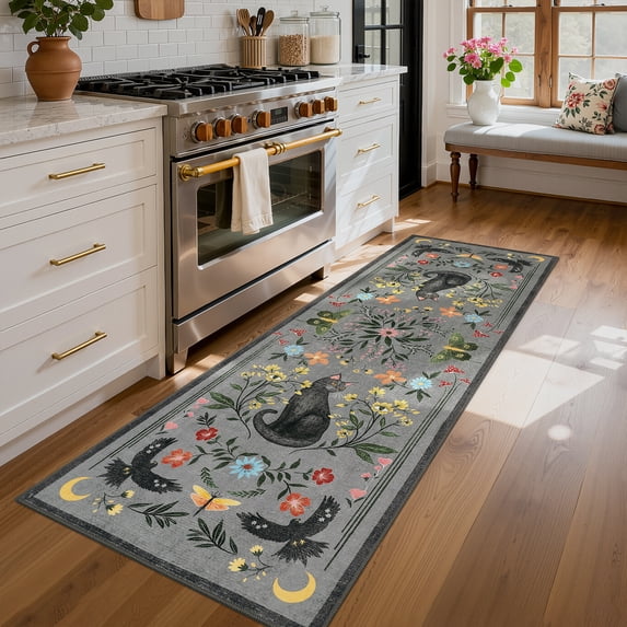 Garvee 2'x6' Boho Runner Rug Cat Floral Pattern Carpet, Vintage Washable Rug Non-Slip Indoor Accent Carpet for Hallway Bedroom Kitchen, Gray
