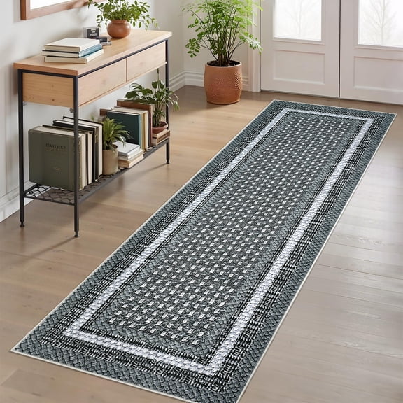 Garvee 2'x6' Bordered Print Runner Rug Washable Rugs, Non Slip Modern Geometric Rug Stain Resistant Indoor Carpet for Hallway Bedroom Kitchen, Gray