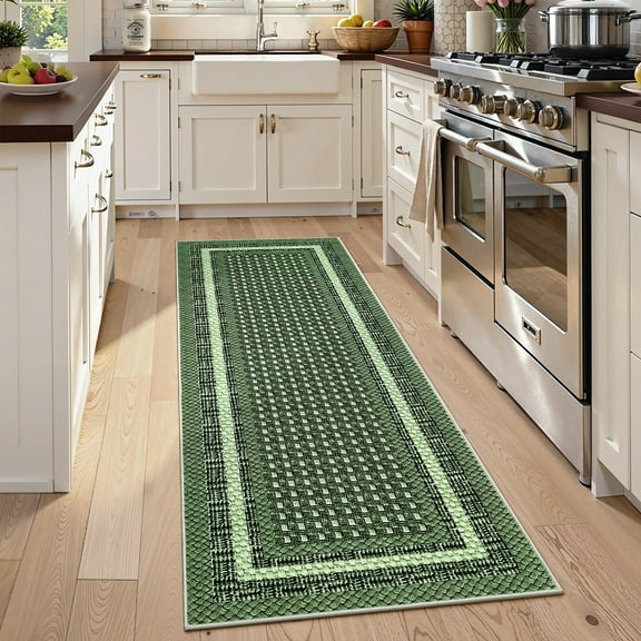 Garvee 2'x6' Bordered Print Runner Rug Washable Rugs, Non Slip Modern Geometric Rug Stain Resistant Indoor Carpet for Hallway Bedroom Kitchen, Green