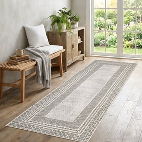 Garvee 2'x6' Bordered Runner Rug Neutral Geometric Carpet, Soft Low Pile Non Slip Washable Rug Bohemian Indoor Floor Mat for Hallway Bedroom Kitchen, Camel