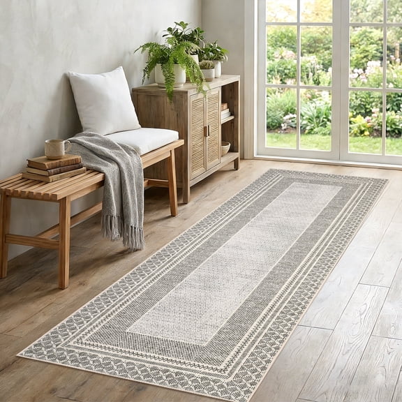 Garvee 2'x6' Bordered Runner Rug Neutral Geometric Carpet, Soft Low Pile Non Slip Washable Rug Bohemian Indoor Floor Mat for Hallway Bedroom Kitchen, Camel