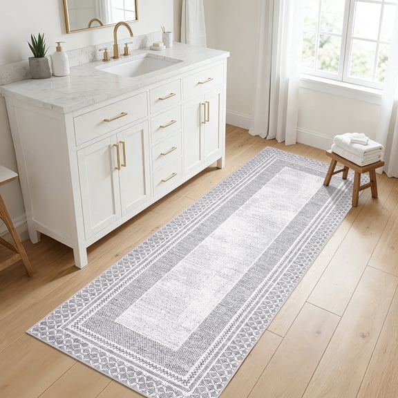 Garvee 2'x6' Bordered Runner Rug Neutral Geometric Carpet, Soft Low Pile Non Slip Washable Rug Bohemian Indoor Floor Mat for Hallway Bedroom Kitchen, Gray
