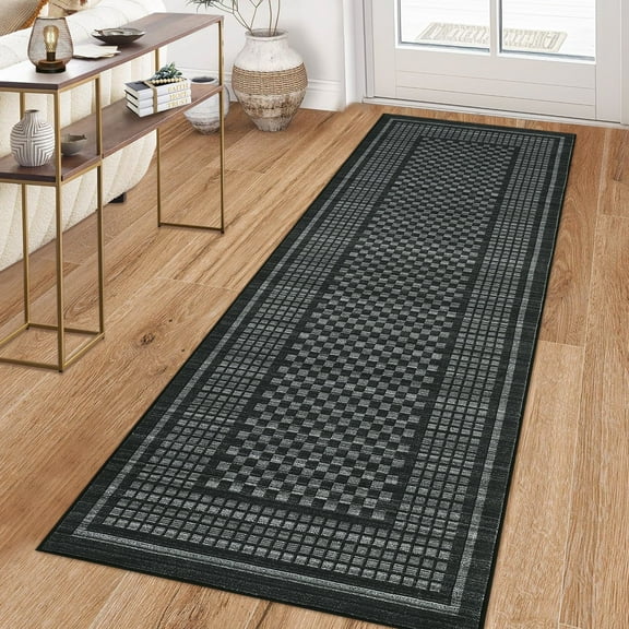 Garvee 2'x6' Checkered Runner Rugs Modern Geometric Carpet, Soft Low Pile Accent Rug Washable Rug with Non-Slip Backing for Hallway Bedroom Kitchen, Black