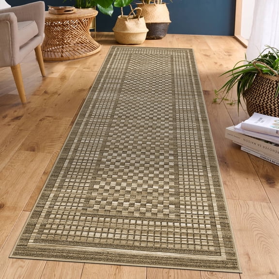 Garvee 2'x6' Checkered Runner Rugs Modern Geometric Carpet, Soft Low Pile Accent Rug Washable Rug with Non-Slip Backing for Hallway Bedroom Kitchen, Brown