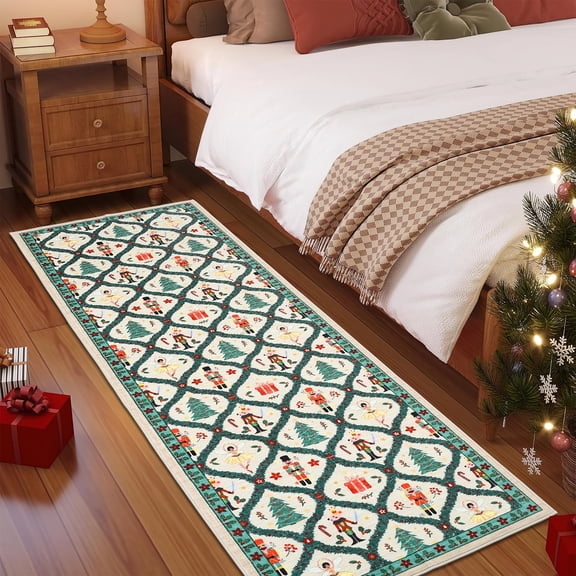 Garvee 2'x6' Christmas Runner Rugs Nutcracker Print Carpet, Washable Rug Xmas Decorative Accent Indoor Mats with Non-Slip Backing for Hallway Bedroom Kitchen, Beige