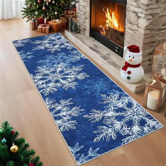 Garvee 2'x6' Christmas Runner Rugs Snowflake Printed Carpet, Washable Low Pile Rug with Non-Slip Backing Soft Non Shedding Indoor Mats for Hallway Bedroom Kitchen,Blue