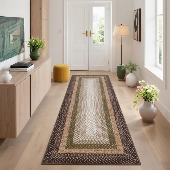 Garvee 2'x6' Farmhouse Bordered Runner Rug Braid Printed Carpet, Washable Soft Non Slip Rug for Hallway Bedroom Entryway, Brown and Green