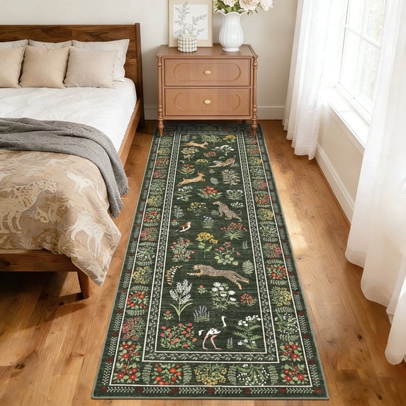 Garvee 2'x6' Jungle Animal Print Runner Rug Botanical Floral Carpet, Washable Rug with Non Slip Backing Soft Indoor Mats for Living Room Bedroom Home Office, Green
