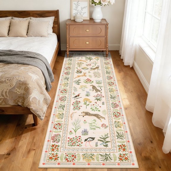 Garvee 2'x6' Jungle Animal Print Runner Rug Botanical Floral Carpet, Washable Rug with Non Slip Backing Soft Indoor Mats for Living Room Bedroom Home Office, Beige