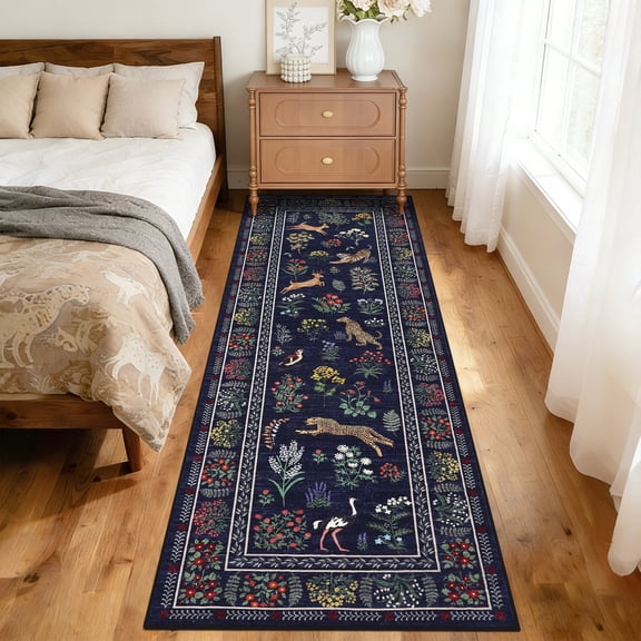 Garvee 2'x6' Jungle Animal Print Runner Rug Botanical Floral Carpet, Washable Rug with Non Slip Backing Soft Indoor Mats for Living Room Bedroom Home Office, Dark Blue