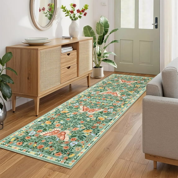 Garvee 2'x6' Farmhouse Floral Runner Rug Botanical Butterfly Printed Carpet, Washable Rug with Non Slip TPR Backing Low Pile Indoor Mat for Hallway Bedroom Kitchen, Green