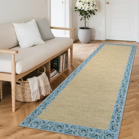 Garvee 2'x6' Floral Bordered Runner Rug Braided Print Carpet, Washable Rug Non-Slip Stain-Resistant Low Pile Indoor Floort Mat for Hallway Bedroom Kitchen, Light Blue
