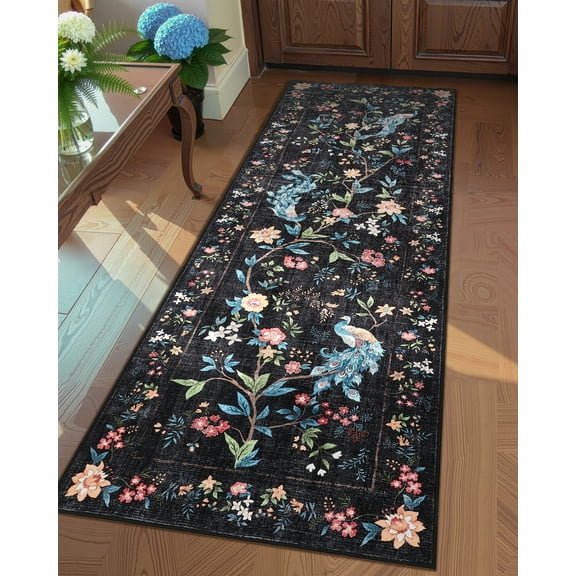 Garvee 2'x6' Floral Peacock Runner Rug Animal Print Rug, Washable Rug Stain-Resistant Indoor Carpet with Non-Slip Backing for Bedroom Hallway Kitchen, Black