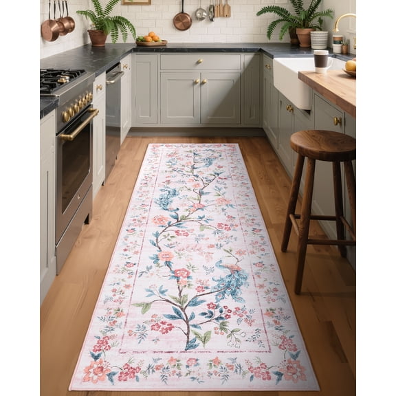 Garvee 2'x6' Floral Peacock Runner Rug Animal Print Rug, Washable Rug Stain-Resistant Indoor Carpet with Non-Slip Backing for Bedroom Hallway Kitchen, Pink