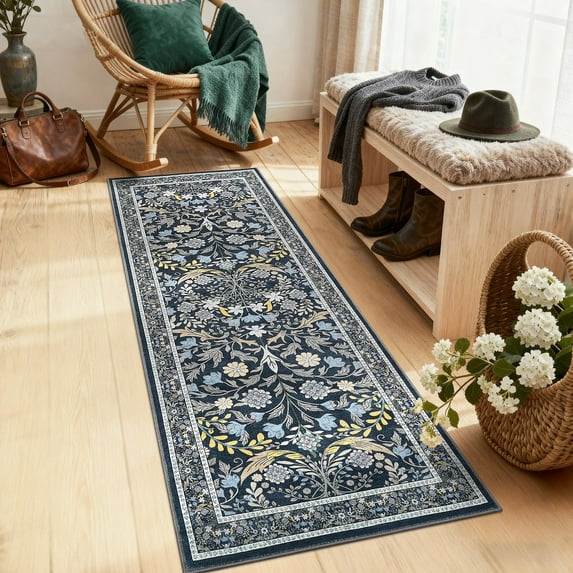 Garvee 2'x6' Floral Print Runner Rug Washable Rug, Low Pile Farmhouse Accent Carpet with Non Slip Backing Soft Floor Mats for Living Room Bedroom Hallway, Blue