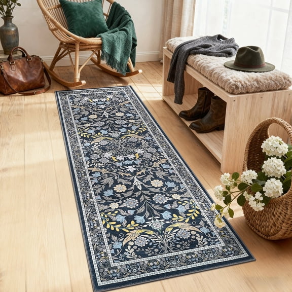 Garvee 2'x6' Floral Print Runner Rug Washable Rug, Low Pile Farmhouse Accent Carpet with Non Slip Backing Soft Floor Mats for Living Room Bedroom Hallway, Blue