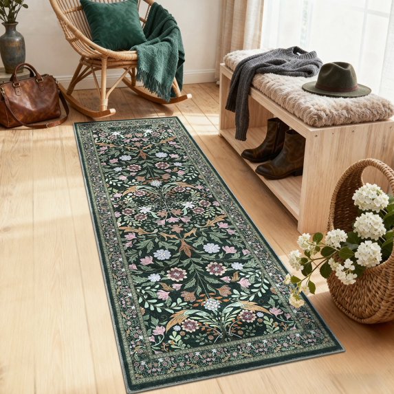 Garvee 2'x6' Floral Print Runner Rug Washable Rug, Low Pile Farmhouse Accent Carpet with Non Slip Backing Soft Floor Mats for Living Room Bedroom Hallway, Dark Green