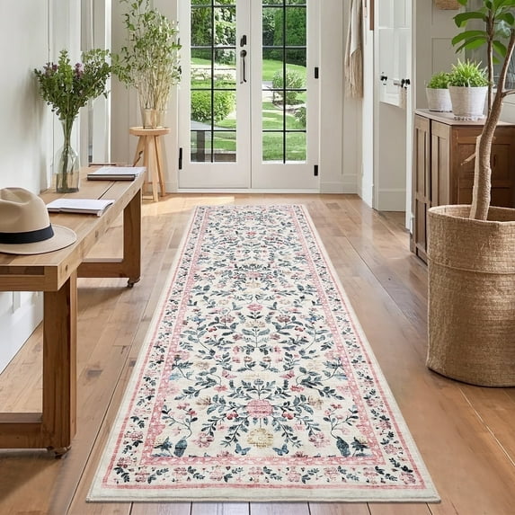 Garvee 2'x6' Floral Print Runner Rugs, Washable Vintage Rug Low Pile Farmhouse Carpet Stain Resistant Distressed Indoor Rugs for Hallway Bedroom Kitchen Entryway, Pink