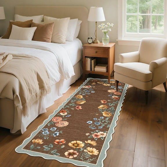 Garvee 2'x6' Floral Runner Rug Botanical Scalloped Rugs for Hallway, Washable Rug with Non Slip TPR Backing for Bedroom Dining Room Home Decor, Coffee