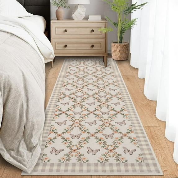 Garvee 2'x6' Floral Printed Runner Rug Living Room Rugs, Washable Geometric Border Rug Non Slip Rug Butterflies Print Indoor Carpet for Hallway Bedroom Entryway Laundry Room, Camel