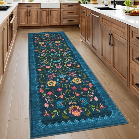 Garvee 2'x6' Floral Printed Runner Rug Vintage Soft Rug, Washable Low Pile Rug Stain Resistant Farmhouse Indoor Carpets with Non Slip Backing for Hallway Bedroom Playroom, Blue