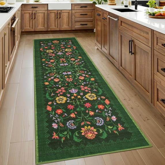Garvee 2'x6' Floral Printed Runner Rug Vintage Soft Rug, Washable Low Pile Rug Stain Resistant Farmhouse Indoor Carpets with Non Slip Backing for Hallway Bedroom Playroom, Green