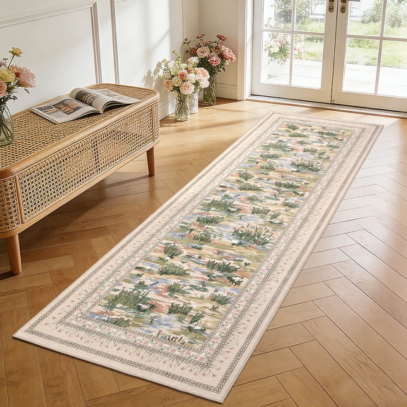 Garvee 2'x6' Floral Runner Rug Bordered Water Lily Print Carpet, Washable Non Slip Accent Rug Soft Low-Pile Indoor Rugs for Hallway Bedroom Kitchen, Beige