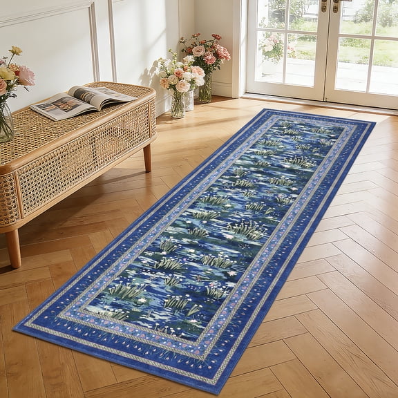 Garvee 2'x6' Floral Runner Rug Bordered Water Lily Print Carpet, Washable Non Slip Accent Rug Soft Low-Pile Indoor Rugs for Hallway Bedroom Kitchen, Blue