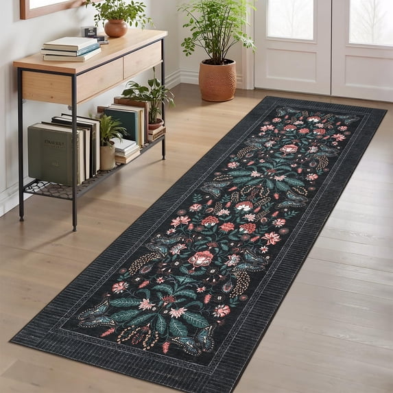 Garvee 2'x6' Floral Runner Rug Geometric Bordered Carpet, Butterfly Printed Rug Washable Non Slip Rug for Hallway Bedroom Farmhouse, Black