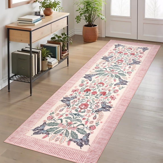 Garvee 2'x6' Floral Runner Rug Geometric Bordered Carpet, Butterfly Printed Rug Washable Non Slip Rug for Hallway Bedroom Farmhouse, Pink