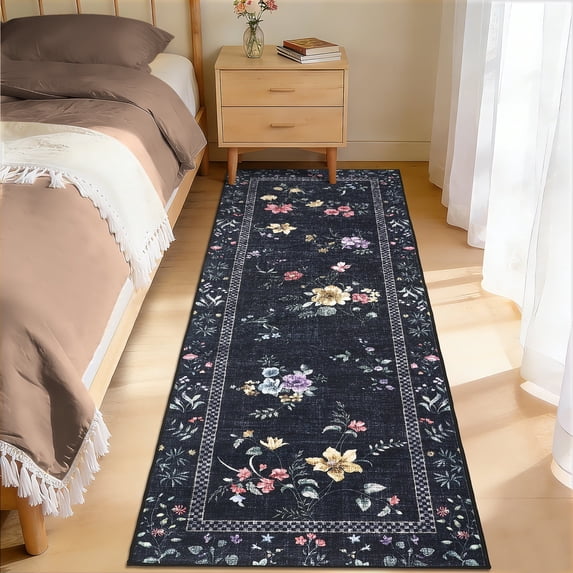 Garvee 2'x6' Floral Runner Rug Modern Print Bordered Carpet, Washable Rug Non Slip Indoor Floor Mat for Hallway Bedroom Kitchen, Black