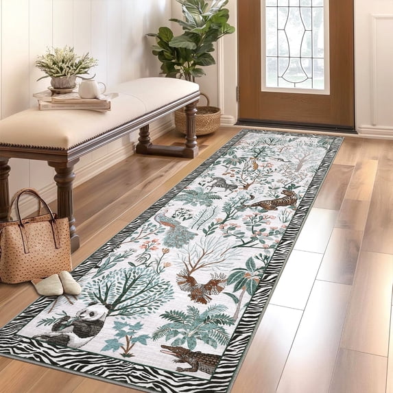 Garvee 2'x6' Forest Jungle Runner Rug Animal Print Carpet, Washable Rug Non-Slip Non-Shedding Modern Floor Mats for Hallway Bedroom Kitchen, Beige