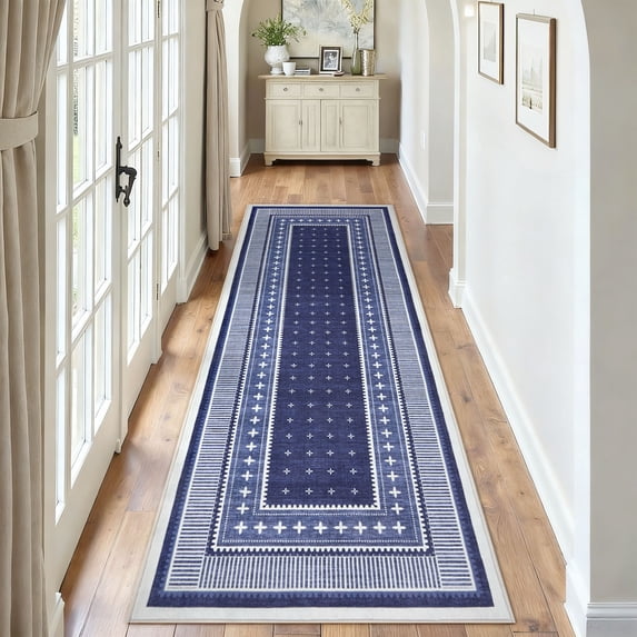 Garvee 2'x6' Geometric Bordered Runner Rug Boho Rug, Washable Non Slip Indoor Carpet for Hallway Bedroom Kitchen, Blue