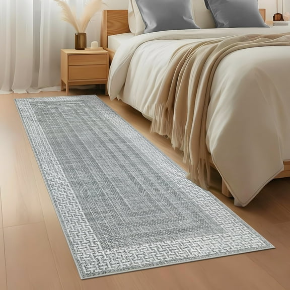 Garvee 2'x6' Geometric Bordered Runner Rug Contemporary Indoor Carpet, Washable Rug Non Slip Low Pile Rug for Hallway Bedroom Kitchen, Gray