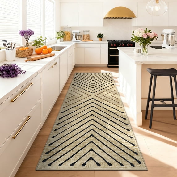Garvee 2'x6' Geometric Runner Rug Distressed Striped Decorative Carpet, Non‑Slip Washable Indoor Rug for Hallway Bedroom Kitchen, Nature