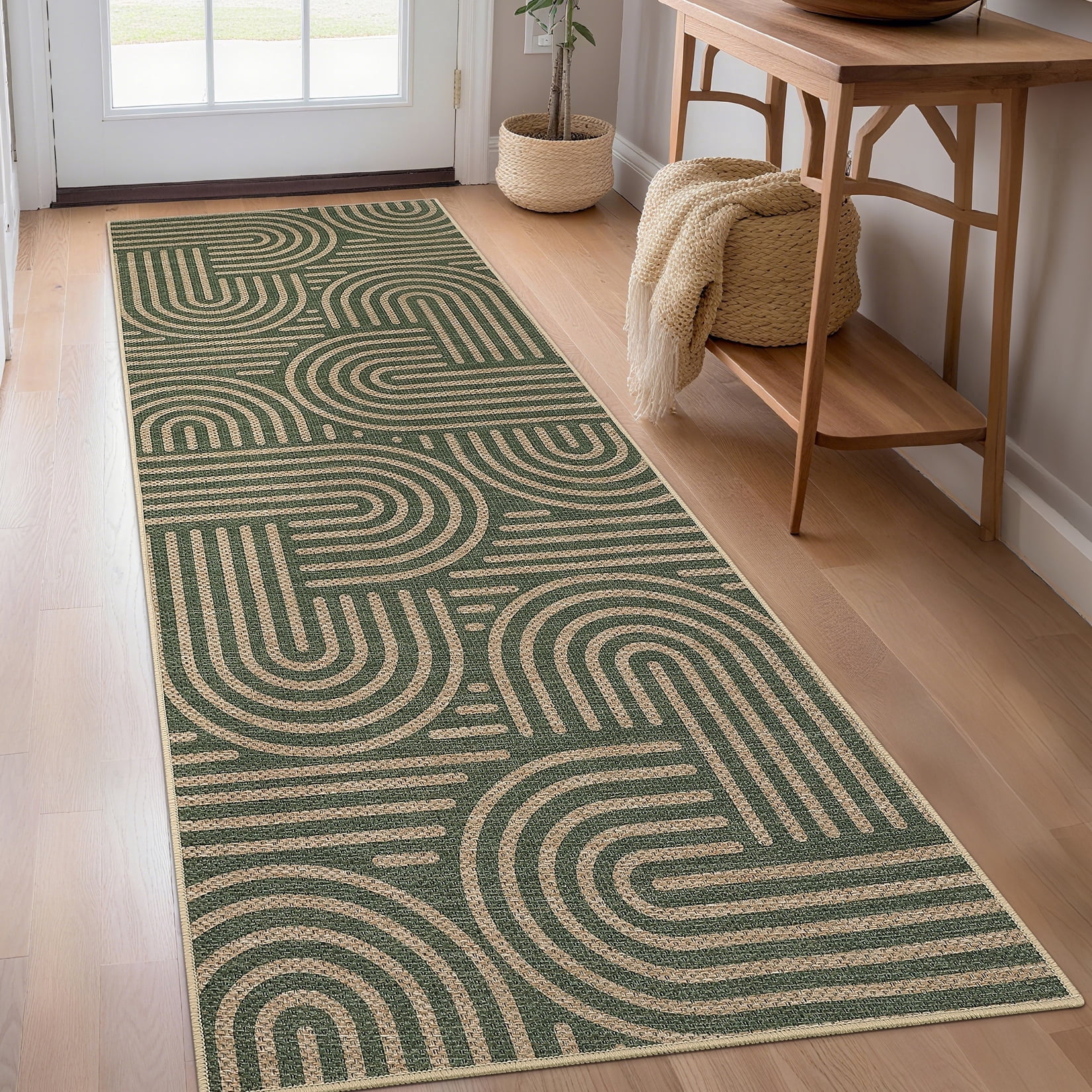 Garvee 2'x6' Geometric Runner Rug Easy Jute Carpet, Abstract Washable Rug Rainbow Non Slip Indoor Outdoor Accent Rug for Hallway Bedroom Kitchen, Green