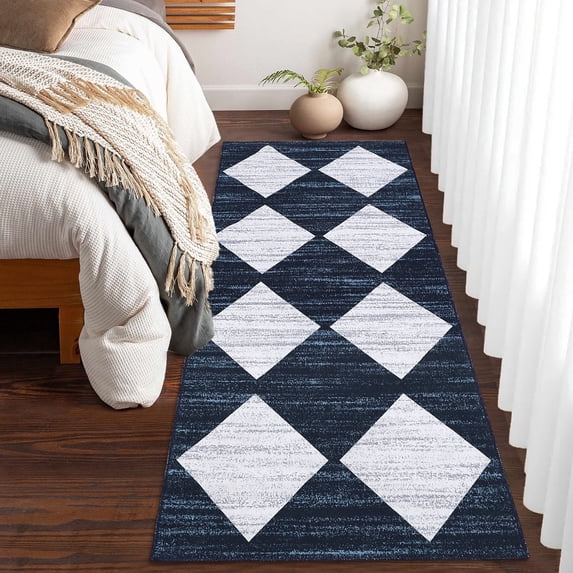 Garvee 2'x6' Geometric Runner Rug, Washable Rug Low Pile Print Indoor Area Rug for Living Room Bedroom Dining Room,Modern Non-Slip Carpet,Dark Blue