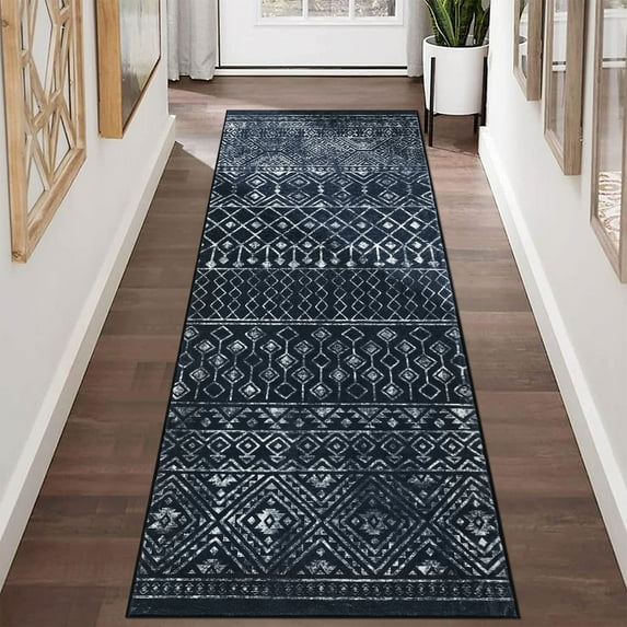 Garvee 2'x6' Geometric Runner Rugs Boho Washable Carpet, Non Slip Low Pile Rug Foldable Stain Resistant Indoor Mat for Bedroom Hallway Playroom, Black