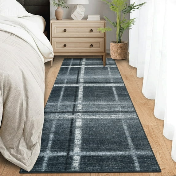 Garvee 2'x6' Geometric Runnner Rug Modern Plaid Rugs, Soft Washable Rugs Non Slip Low Pile Indoor Carpet for Hallway Bedroom Kitchen, Black Gray