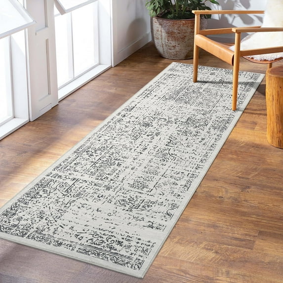 Garvee 2'x6' Hallway Runner Rug Vintage Floral Distressed Runners Non-Slip Bedroom Runner Rugs for Laundry Room, Gray