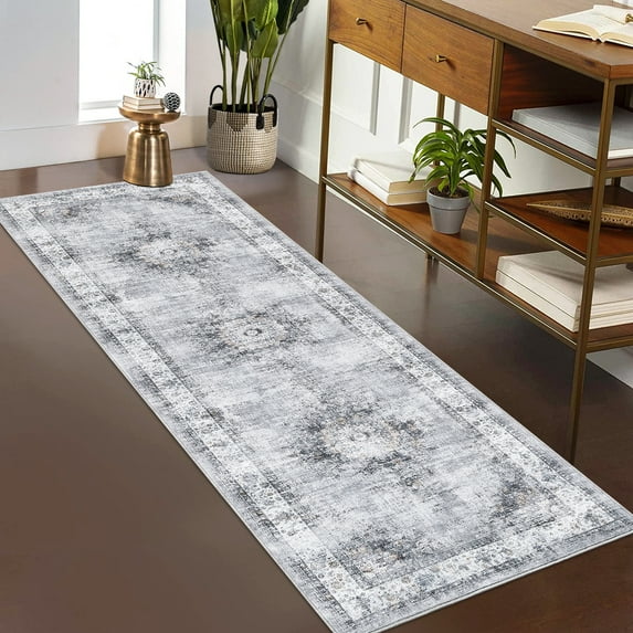 Garvee 2'x6' Hallway Runner Rug Vintage Medallion Rug Low Pile Non-Slip Distressed Runners Rug for Laundry Room, Light Gray