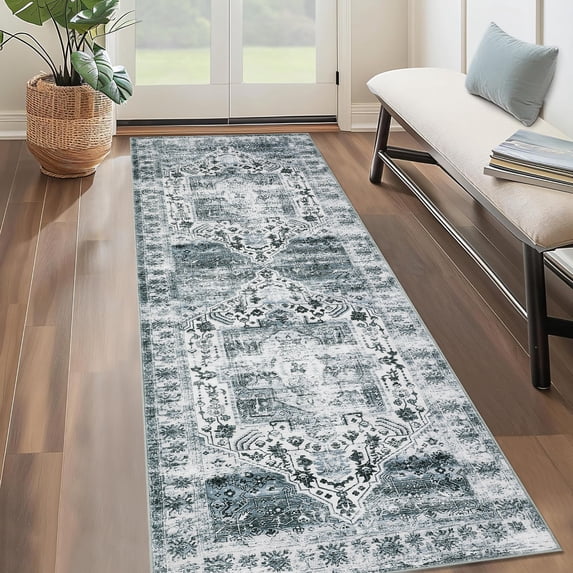 Garvee 2'x6' Kitchen Runner Rug Non-Slip Hallway Bedroom Rug Vintage Floral Distressed Rug for Laundry Room, Gray