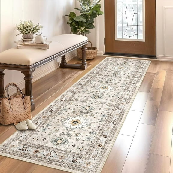 Garvee 2'x6' Kitchen Runner Rug Non-Slip Hallway Bedroom Rug Vintage Floral Print Distressed Rug for Laundry Room, Beige