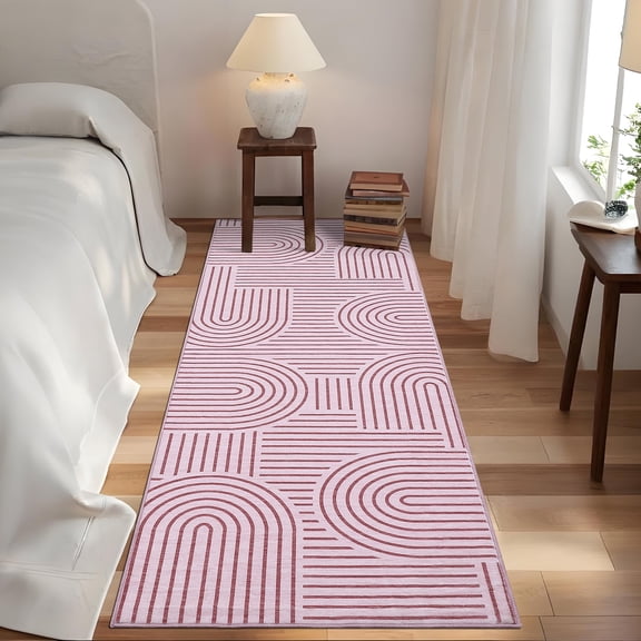 Garvee 2'x6' Modern Abstract Runner Rug Rainbow Stripe Carpet, Washable Rugs Simple Style Home Decor Carpet with Non-Slip Backing Low Pile Floor Mat for Hallway Entryway Bedroom, Pink