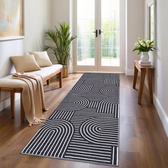 Garvee 2'x6' Modern Abstract Runner Rug Rainbow Stripe Carpet, Washable Rugs Simple Style Home Decor Carpet with Non-Slip Backing Low Pile Floor Mat for Hallway Entryway Bedroom, Black