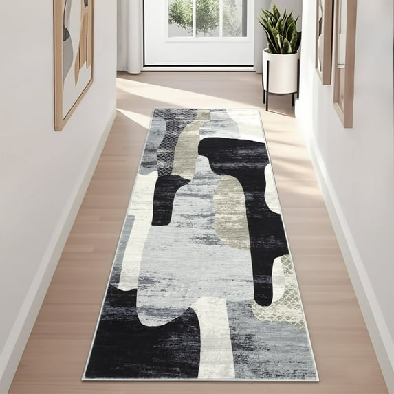 Garvee 2'x6' Modern Abstract Runner Rug Washable Rugs, Non-Slip Contemporary Accent Rugs Soft Low Pile Indoor Carpet for Hallway Bedroom Home Decor, Gray