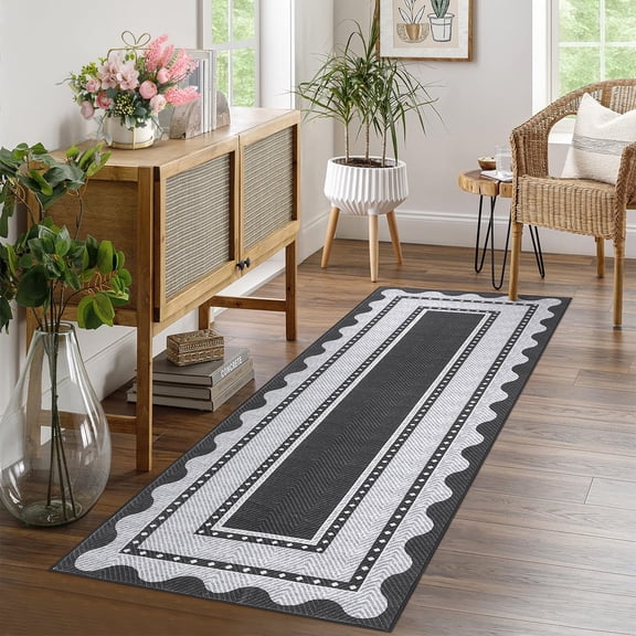 Garvee 2'x6' Modern Border Neutral Runner Rug Hallway Rug, Washable Rug with Non Slip Backing Soft Low Pile Indoor Rug for Bedroom Kitchen, Black Gray
