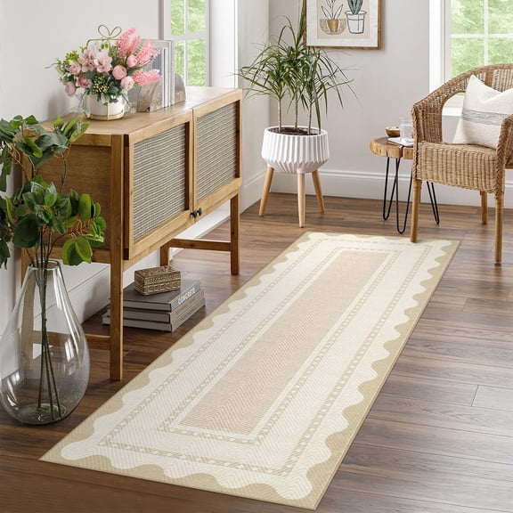 Garvee 2'x6' Modern Border Neutral Runner Rug Hallway Rug, Washable Rug with Non Slip Backing Soft Low Pile Indoor Rug for Bedroom Kitchen, Beige
