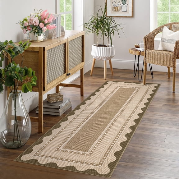 Garvee 2'x6' Modern Border Neutral Runner Rug Hallway Rug, Washable Rug with Non Slip Backing Soft Low Pile Indoor Rug for Bedroom Kitchen, Linen